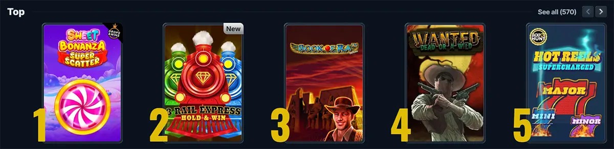 “Top” casino games carousel showing ranked tiles 1–5, including Sweet Bonanza Super Scatter, 3 Rail Express Hold & Win (new), Book of Ra, Wanted Dead or a Wild, and Hot Reels Supercharged, with a “See all (570)” link.