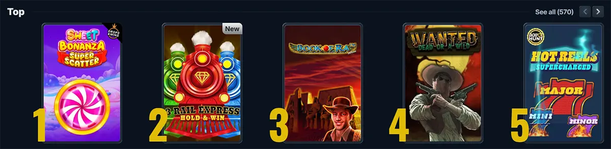 “Top” casino games carousel showing ranked tiles 1–5, including Sweet Bonanza Super Scatter, 3 Rail Express Hold & Win (new), Book of Ra, Wanted Dead or a Wild, and Hot Reels Supercharged, with a “See all (570)” link.