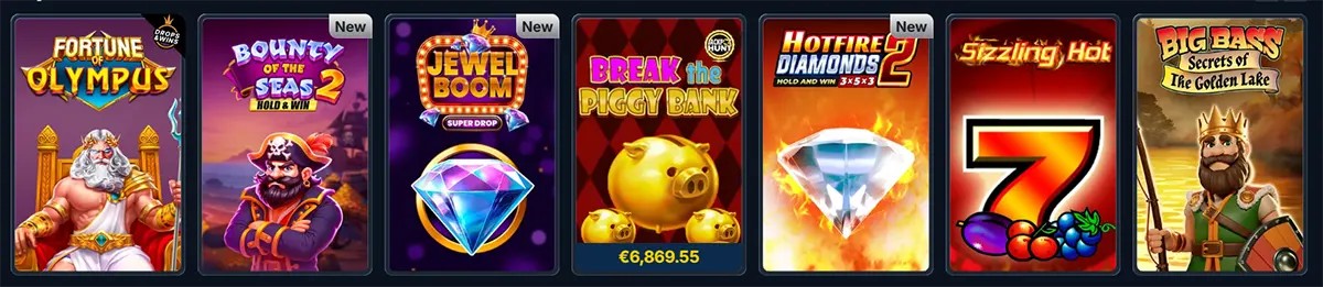 Row of slot game tiles in a casino lobby, including Fortune of Olympus, Bounty of the Seas 2 Hold & Win, Jewel Boom (new), Break the Piggy Bank, Hotfire Diamonds 2 (new), Sizzling Hot, and Big Bass Secrets of the Golden Lake.
