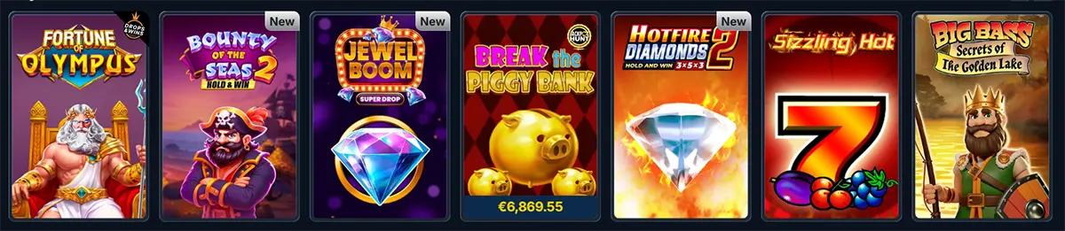 Row of slot game tiles in a casino lobby, including Fortune of Olympus, Bounty of the Seas 2 Hold & Win, Jewel Boom (new), Break the Piggy Bank, Hotfire Diamonds 2 (new), Sizzling Hot, and Big Bass Secrets of the Golden Lake.