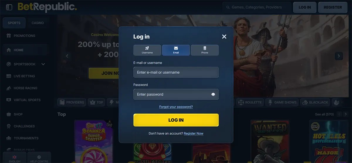 BetRepublic website screenshot showing a login pop-up with tabs for username, email or phone, fields for email/username and password, a “Forgot your password?” link, and a large yellow “Log In” button over a dark casino lobby background.