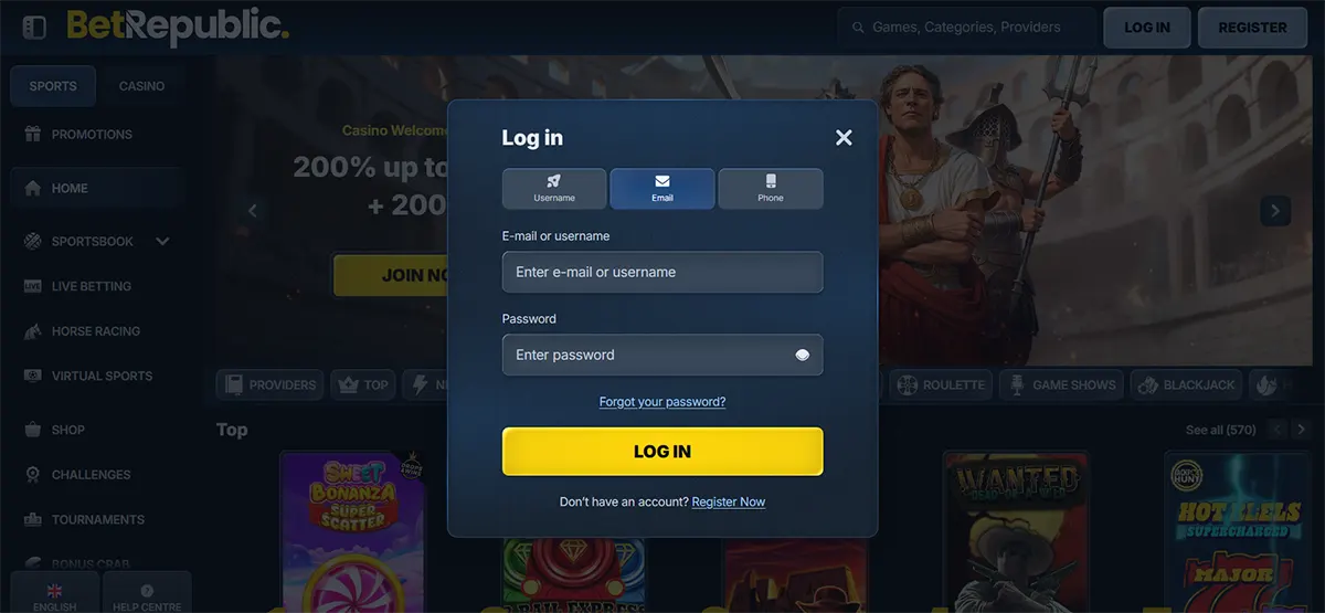 BetRepublic website screenshot showing a login pop-up with tabs for username, email or phone, fields for email/username and password, a “Forgot your password?” link, and a large yellow “Log In” button over a dark casino lobby background.